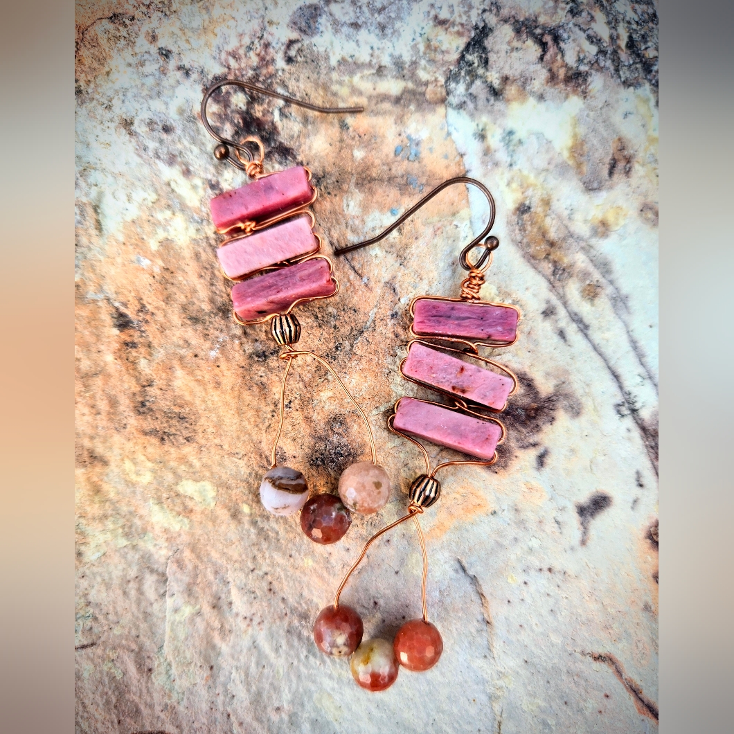 Ancient Inca's Rose Stone Rhodonite In Handwired Handcrafter Earrings In Copper